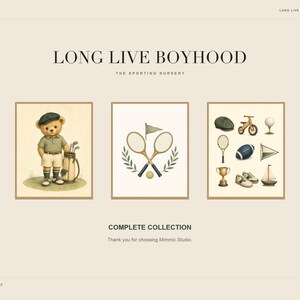 Closing promotional slide titled Long Live Boyhood featuring three framed sports-themed prints.