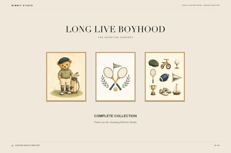 Closing promotional slide titled Long Live Boyhood featuring three framed sports-themed prints.
