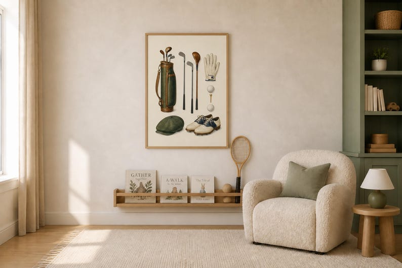 May include: A framed wall art print featuring a vintage golf illustration. The artwork displays a dark green golf bag with clubs, a white glove, two golf balls on tees, a pair of white and brown golf shoes, and a dark green flat cap hat.