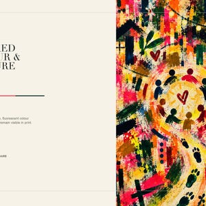 A promotional slide showcases a detailed view of a colorful square abstract art print alongside descriptive text about layered color and gesture.