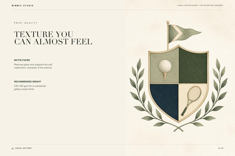 Puede incluir: Una impresi&oacute;n de arte digital con un escudo dividido en cuatro cuadrantes que contiene una pelota de golf sobre un tee y una raqueta de tenis. El escudo est&aacute; rematado con una bandera y enmarcado por ramas de laurel. Texto: "TEXTURE YOU CAN ALMOST FEEL".