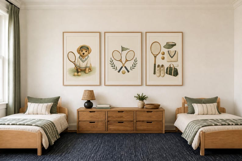 May include: Three framed wall art prints featuring tennis-themed illustrations. The left print shows a golden puppy with a tennis racket, the center print displays crossed rackets with a flag, and the right print depicts tennis gear including a racket, visor, sweater, shoes, and bag.