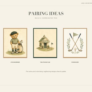 May include: A set of three digital art prints titled Pairing Ideas. The left print shows a bear in golf attire with a bag, the center print shows a small golf clubhouse, and the right print shows crossed golf clubs with a flag and laurel leaves.