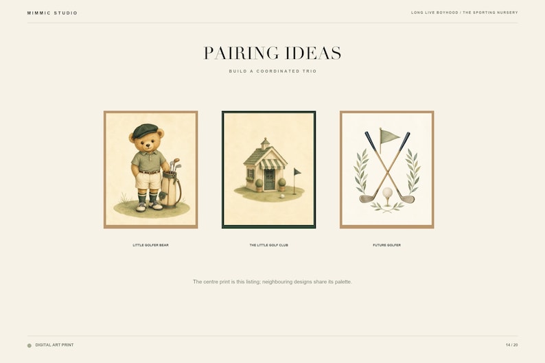 May include: A set of three digital art prints titled Pairing Ideas. The left print shows a bear in golf attire with a bag, the center print shows a small golf clubhouse, and the right print shows crossed golf clubs with a flag and laurel leaves.