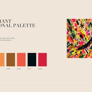 An informational slide titled A Vibrant Seasonal Palette displays six color swatches next to a thumbnail of the abstract art print.