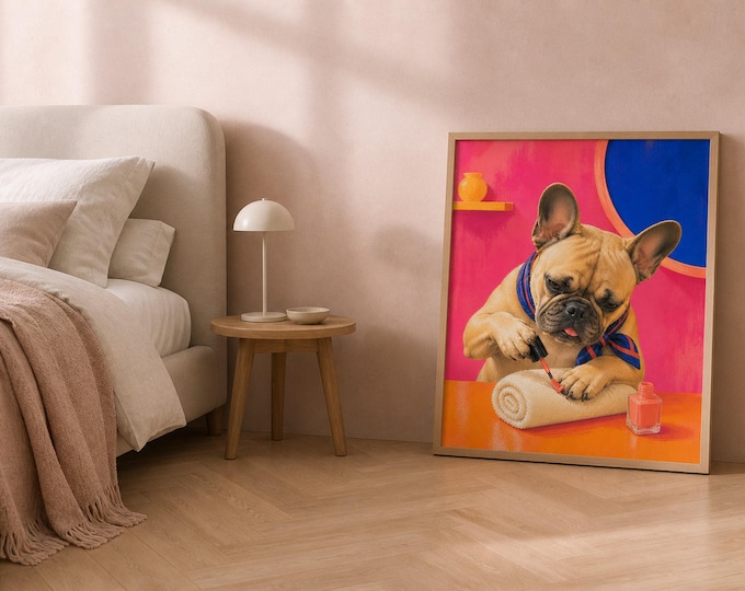 Nail Salon Decor French Bulldog Art, Colorful Printable Manicure Poster