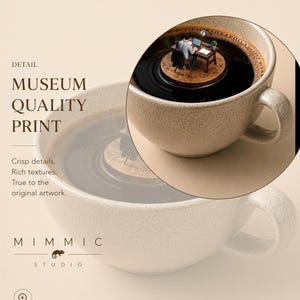 A promotional detail graphic featuring the Mimic Studio logo and a magnified circular insert highlighting the textured ceramic surface and fine details of the coffee cup art print.