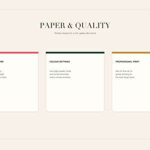 An informational slide offers tips on paper and quality, including matte art paper, color settings, and professional print advice.