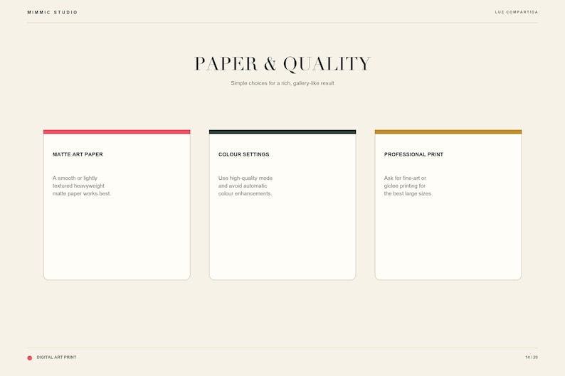 An informational slide offers tips on paper and quality, including matte art paper, color settings, and professional print advice.