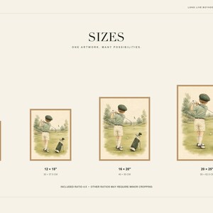 May include: A digital art print display showing four framed illustrations of a child playing golf on a green course. The text includes SIZES, ONE ARTWORK, MANY POSSIBILITIES, and dimensions ranging from 8x10 inches to 20x25 inches with metric equivalents.