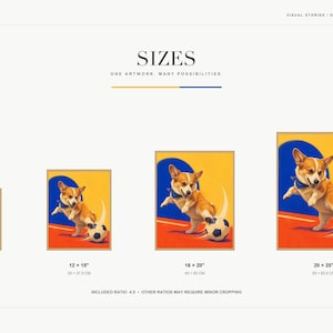 Sizes slide displaying four scaled versions of the framed corgi artwork ranging from 8x10 to 20x25 inches.