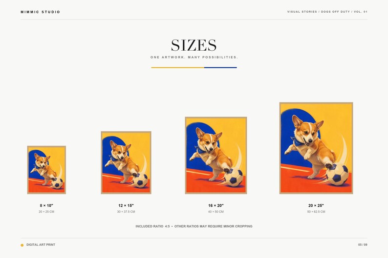 Sizes slide displaying four scaled versions of the framed corgi artwork ranging from 8x10 to 20x25 inches.