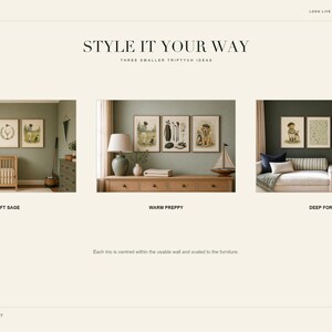 Three nursery room mockups demonstrating gallery wall styling in soft sage, warm preppy, and deep forest themes.