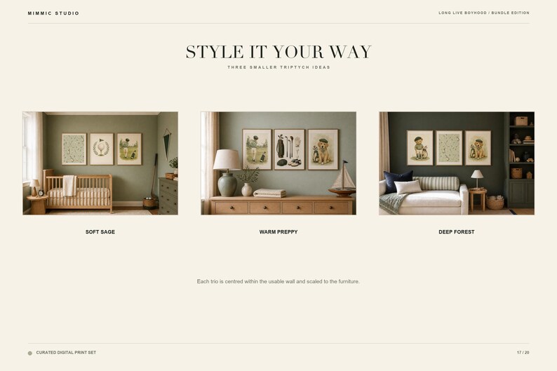 Three nursery room mockups demonstrating gallery wall styling in soft sage, warm preppy, and deep forest themes.