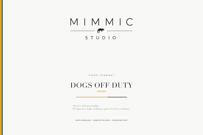 A title slide for the Mimic Studio collection features the brand logo and text for Dogs Off Duty and Leg Day.