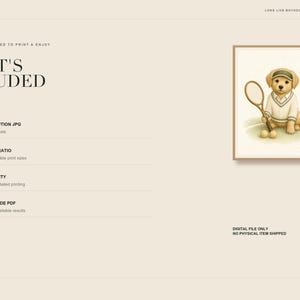 May include: A digital art print featuring a puppy wearing a green visor and a white sweater with green trim, holding a tennis racket with two tennis balls nearby. The text reads WHAT'S INCLUDED, HIGH-RESOLUTION JPG, CLASSIC 4:5 RATIO, 300 DPI QUALITY, and PRINTING GUIDE PDF.
