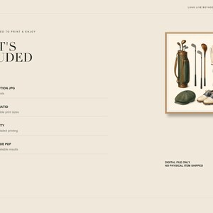 May include: A digital art print featuring a framed illustration of golf equipment including a leather golf bag, three clubs, a white glove, two golf balls on tees, and a pair of two-tone golf shoes with a green flat cap positioned below the items.