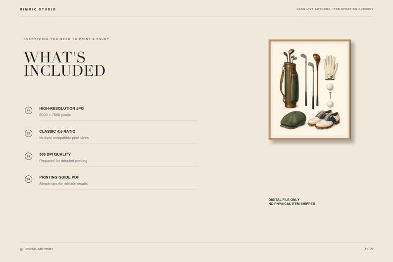 May include: A digital art print featuring a framed illustration of golf equipment including a leather golf bag, three clubs, a white glove, two golf balls on tees, and a pair of two-tone golf shoes with a green flat cap positioned below the items.