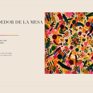 A digital mockup slide displays the title Alrededor de la Mesa and the square abstract art print alongside descriptive text.