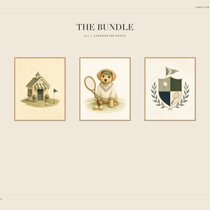 May include: A set of three digital prints titled THE BUNDLE. The first shows a small golf clubhouse, the second a puppy in a tennis outfit holding a racket, and the third a crest featuring a golf ball, tennis racket, and laurel leaves.