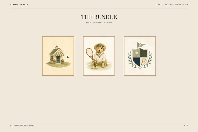 May include: A set of three digital prints titled THE BUNDLE. The first shows a small golf clubhouse, the second a puppy in a tennis outfit holding a racket, and the third a crest featuring a golf ball, tennis racket, and laurel leaves.