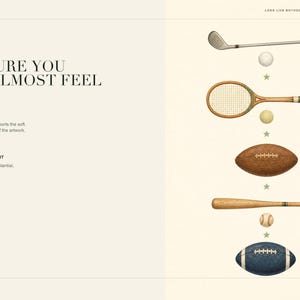 May include: A digital art print featuring a vertical arrangement of sports equipment including a golf club, tennis racket, football, baseball bat, and rugby ball, interspersed with small stars, alongside text reading Texture You Can Almost Feel.