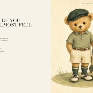 Print quality guide alongside a full view of the watercolor teddy bear golfer illustration.