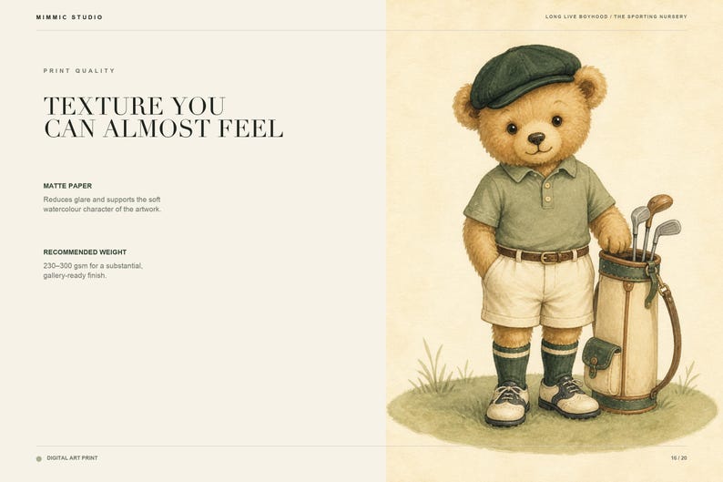 Print quality guide alongside a full view of the watercolor teddy bear golfer illustration.