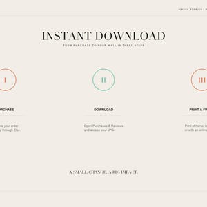An instructional slide outlines the three-step instant download process with numbered circular icons.