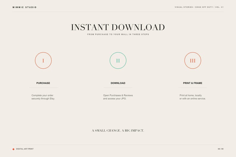 An instructional slide outlines the three-step instant download process with numbered circular icons.