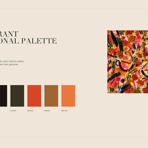 Informational slide titled colour story displaying a vibrant seasonal palette with color swatches and hexadecimal codes.