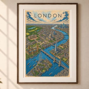 Pu&ograve; includere: Una stampa d'arte verticale incorniciata con un'illustrazione aerea di Londra. Il paesaggio urbano include il fiume Tamigi, il London Eye e il Tower Bridge in tonalit&agrave; blu, verdi e beige. La parola LONDON &egrave; stampata in alto.