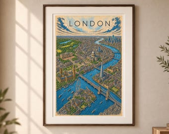 Geïllustreerde stadsplattegrond van Londen, vintage en kleurrijke reisposter van Londen, muurdecoratie voor het Verenigd Koninkrijk, printbare download