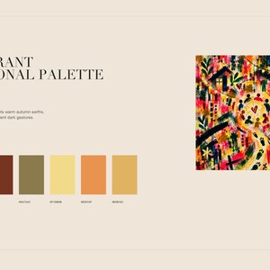 Informational slide titled a vibrant seasonal palette with color swatches and an abstract square art thumbnail.