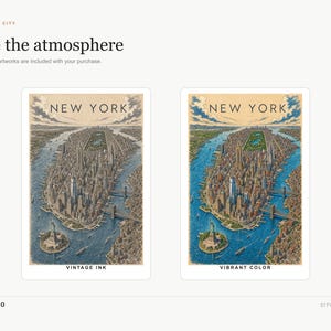 May include: Two digital art prints of New York City featuring an aerial view of Manhattan. The left print, labeled VINTAGE INK, uses muted, desaturated tones. The right print, labeled VIBRANT COLOR, uses bright, saturated blues and warm golden hues.