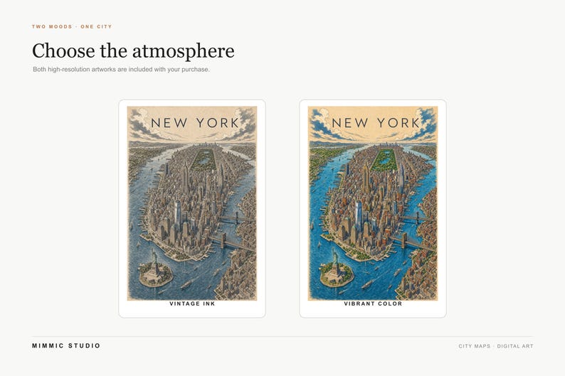 May include: Two digital art prints of New York City featuring an aerial view of Manhattan. The left print, labeled VINTAGE INK, uses muted, desaturated tones. The right print, labeled VIBRANT COLOR, uses bright, saturated blues and warm golden hues.