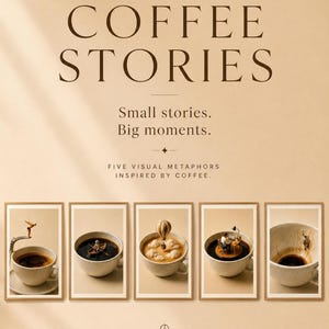 Promotional poster titled Coffee Stories featuring five framed miniature art prints in a row.