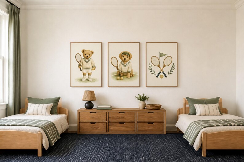May include: Three framed wall art prints featuring tennis-themed illustrations: a teddy bear holding a racket, a golden retriever puppy with a racket and tennis balls, and two crossed tennis rackets with a flag and laurel leaves on a cream background.