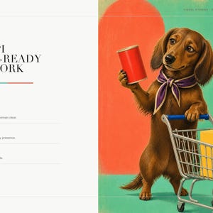 An informational slide featuring a close-up detail of the dachshund grocery shopping art print alongside text about print-ready artwork details.