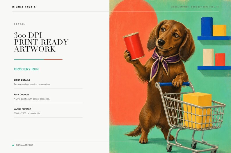 An informational slide featuring a close-up detail of the dachshund grocery shopping art print alongside text about print-ready artwork details.