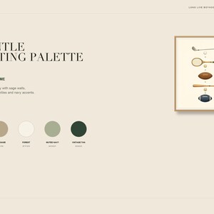 May include: A digital art print titled A GENTLE SPORTING PALETTE featuring a framed illustration of a golf club, tennis racket, football, baseball bat, and rugby ball. Below are five circular color swatches labeled WARM IVORY, SOFT SAGE, FOREST, MUTED NAVY, and VINTAGE TAN.