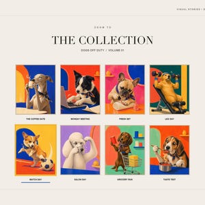 Collection overview slide displaying eight different dog art prints with titles like Match Day and Salon Day.
