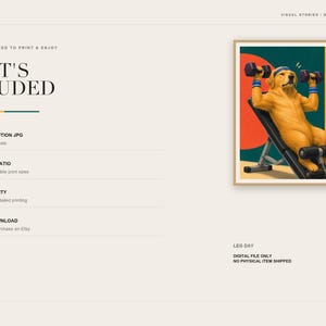 A slide detailing what is included with the digital print, showing a framed preview of the golden retriever workout art next to download specifications.