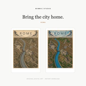 Peut inclure: Deux impressions d'art num&eacute;rique verticales de Rome pr&eacute;sentant une vue a&eacute;rienne de la ville avec une rivi&egrave;re sinueuse, une architecture historique et le texte "ROME" en haut. L'impression de gauche est s&eacute;pia, celle de droite est color&eacute;e.