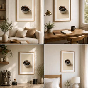 A composite image showing the espresso boat art print displayed in various home and office settings including a living room couch, desk, kitchen counter, and bedroom.