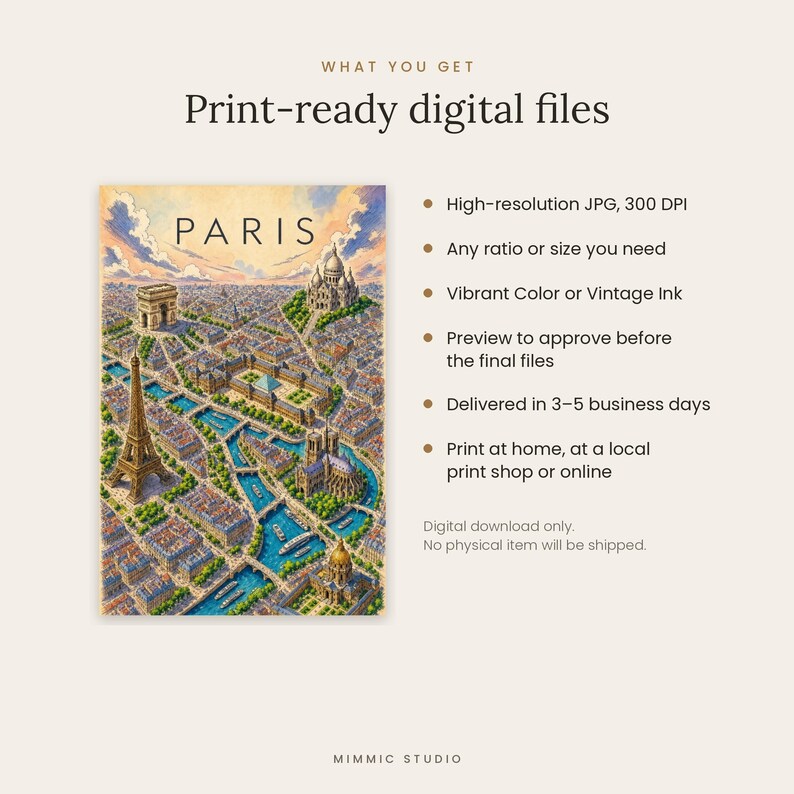 K&ouml;nnte beinhalten: Eine druckfertige digitale Datei mit einer illustrierten Luftaufnahme von Paris und dem Text PARIS oben. Das Kunstwerk zeigt den Eiffelturm, den Arc de Triomphe und Sacr&eacute;-C&oelig;ur. Der Text enth&auml;lt What you get, Print-ready digital files und Mimmic Studio.