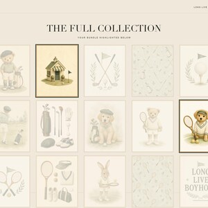 May include: A digital collection display titled THE FULL COLLECTION featuring fifteen individual illustrations with a sports theme. The images include teddy bears, a golden retriever, a rabbit, golf equipment, tennis rackets, and a golf clubhouse.
