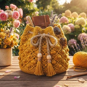 Puede incluir: Un bolso tipo saco de ganchillo color amarillo mostaza con un patrón texturizado de puntos de burbuja, con un cierre de cordón de yute grueso con cuentas de madera y borlas. Un cuaderno de cuero marrón, un bolígrafo y gafas están dentro.