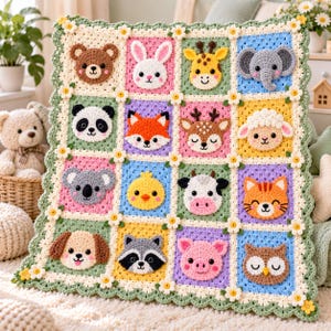 May include: A square crochet blanket featuring a grid of sixteen colorful squares, each displaying a different animal face including a bear, rabbit, giraffe, elephant, panda, fox, deer, sheep, koala, chick, cow, cat, dog, raccoon, pig, and owl.
