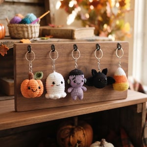 Könnte beinhalten: Fünf gehäkelte Halloween-Schlüsselanhänger hängen an einem Holzständer. Die Anhänger bestehen aus einem orangefarbenen Kürbis, einem weißen Geist, einem lila Frankenstein-Monster, einer schwarzen Fledermaus und einem gelb-orange-weißen Zuckermais.